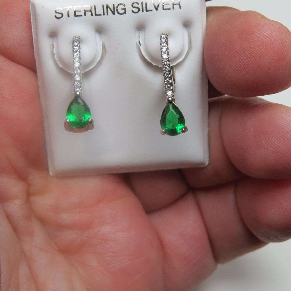 Sterling Silver Earring  lab created emerald Hand Crafted